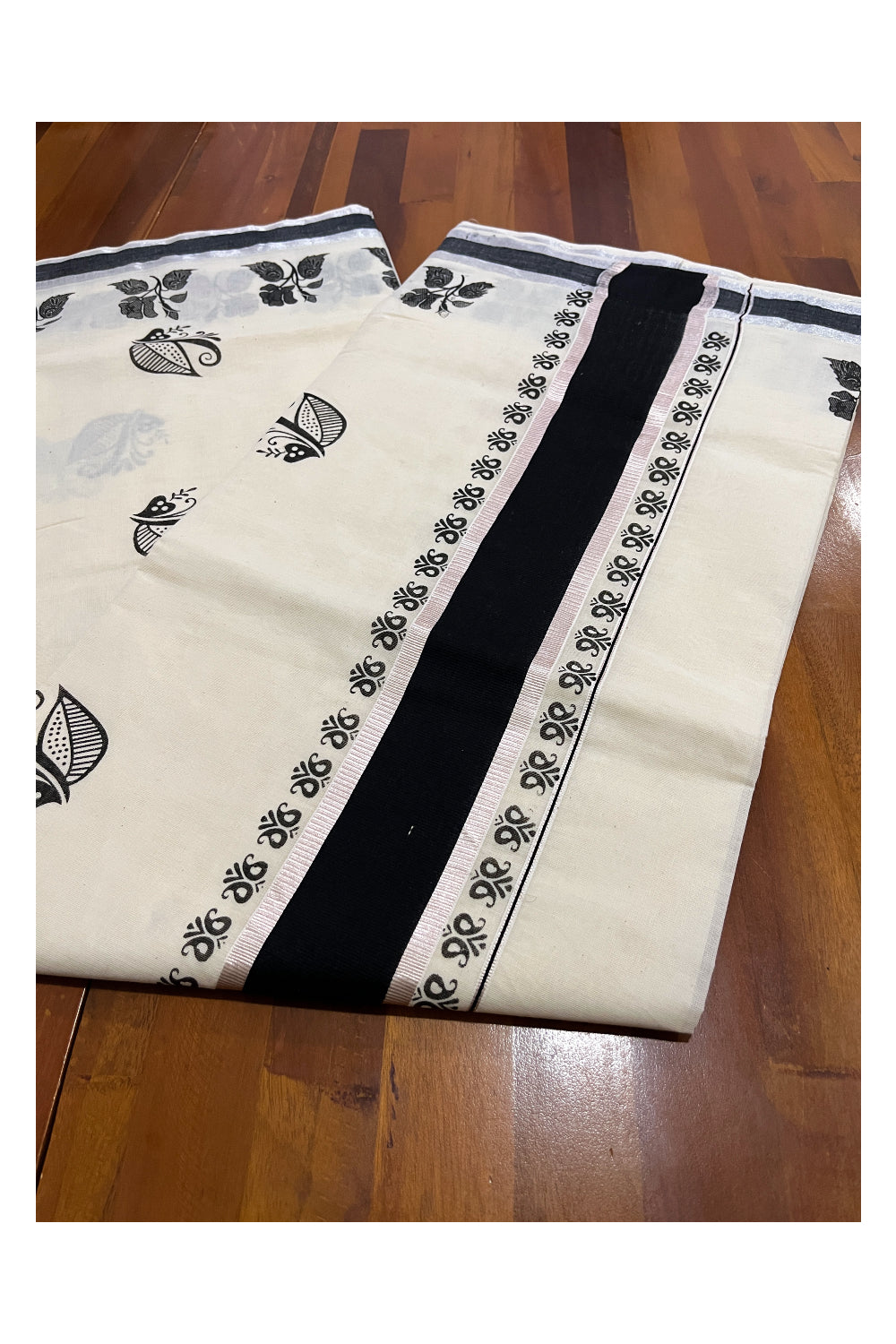 Pure Cotton Kerala Saree with Black Leaf Block Prints and Silver Kasavu Border (Onam 2024 Collection)