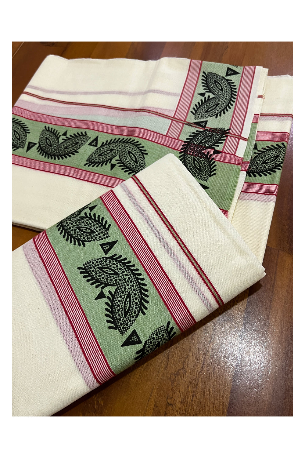 Kerala Cotton Single Set Mundu (Mundum Neriyathum) with Black Block Prints on Green Red Border