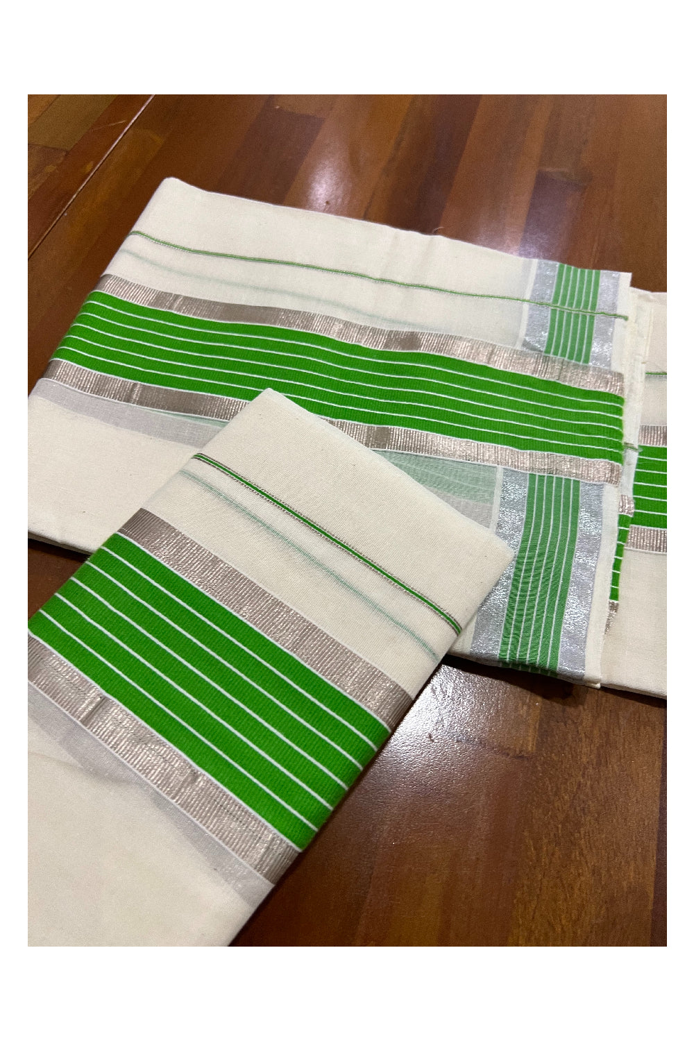 Kerala Cotton Mundum Neriyathum Single (Set Mundu) with Light Green and Silver Kasavu Border