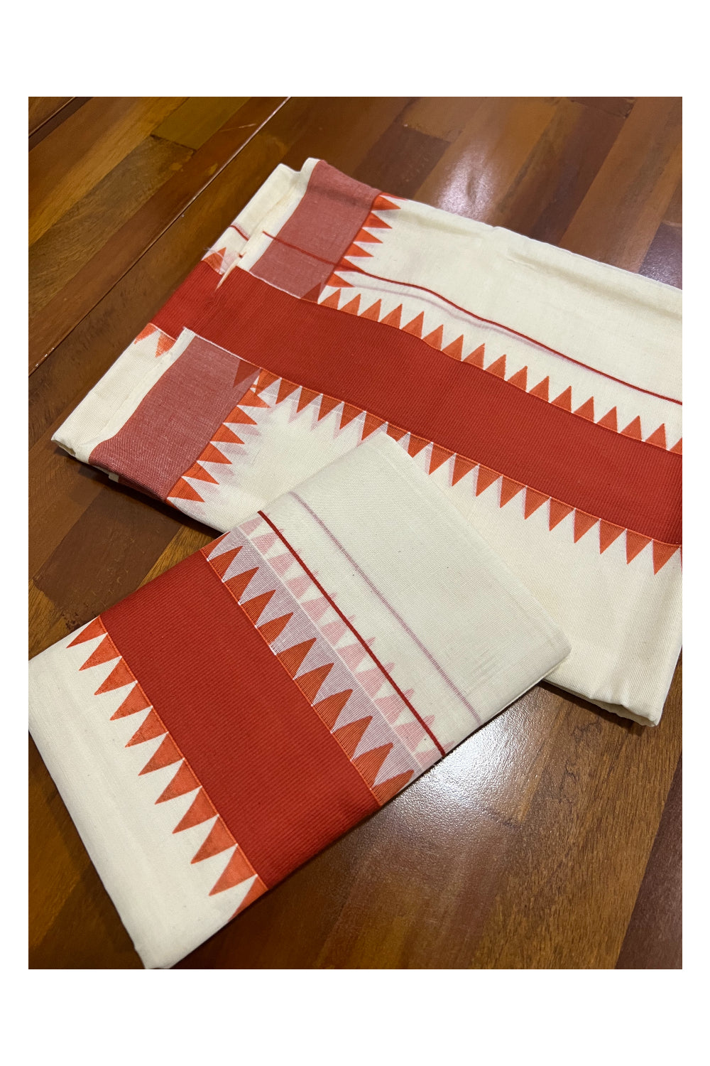 Pure Cotton Set Mundu (Mundum Neriyathum) with Orange Temple Block Prints Border