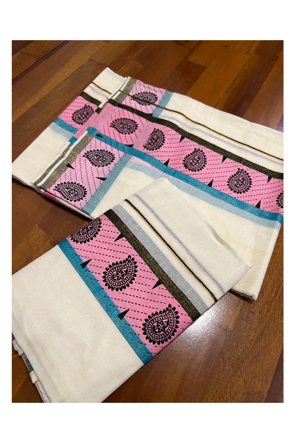 Kerala Cotton Kasavu Set Mundu (Mundum Neriyathum) with Black Paisley Block Prints in Pink Border