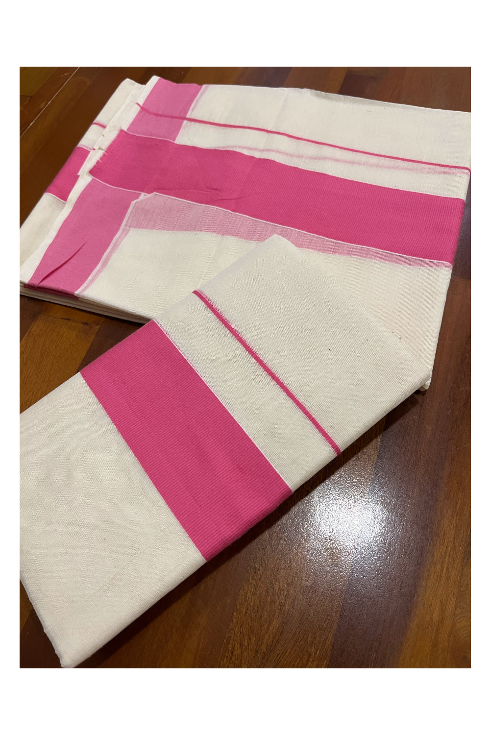 Kerala Cotton Mundum Neriyathum Single (Set Mundu) with Pink 2 inch Border