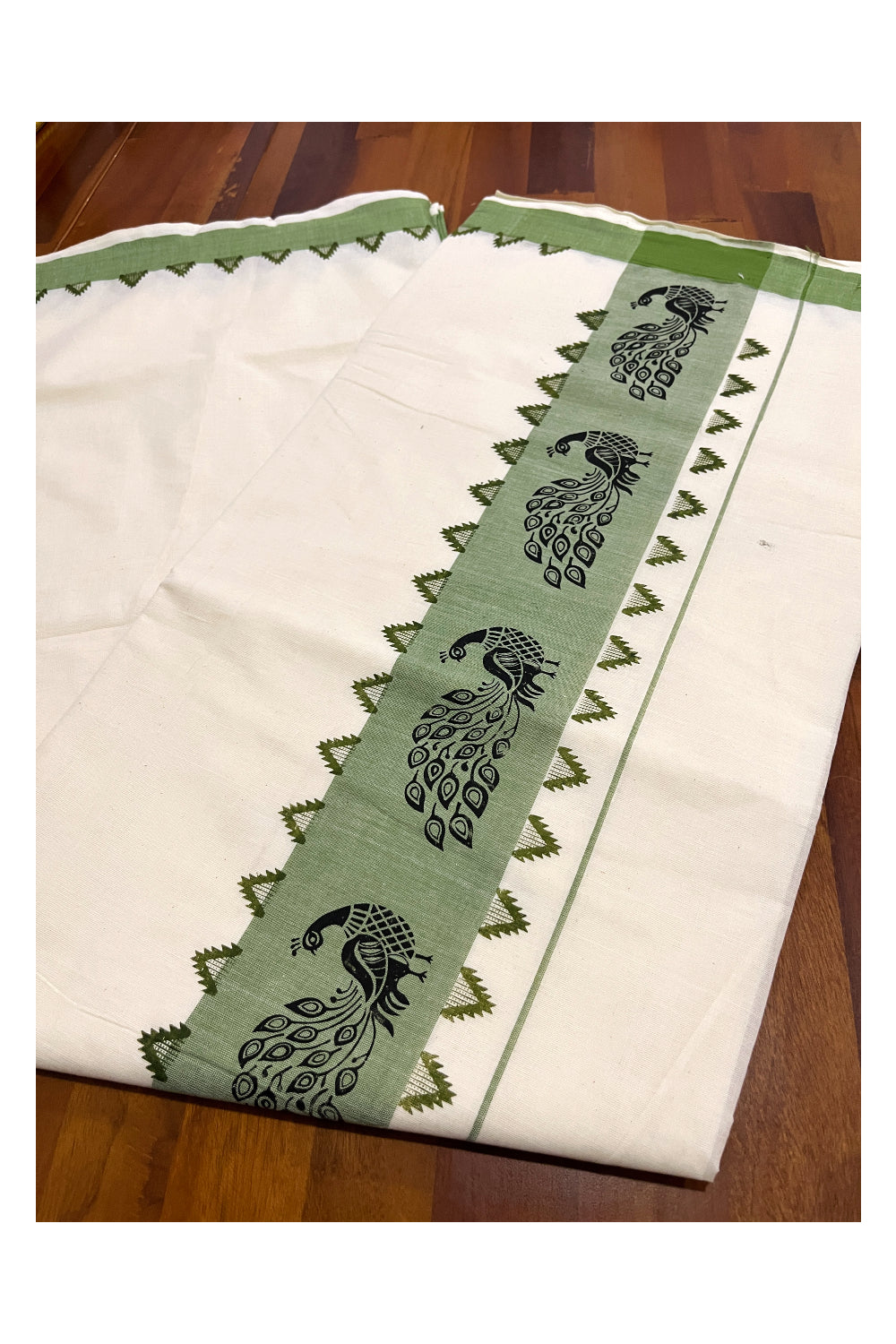 Pure Cotton Off White Kerala Saree with Green Temple Block Prints on Border (Vishu Saree 2023)