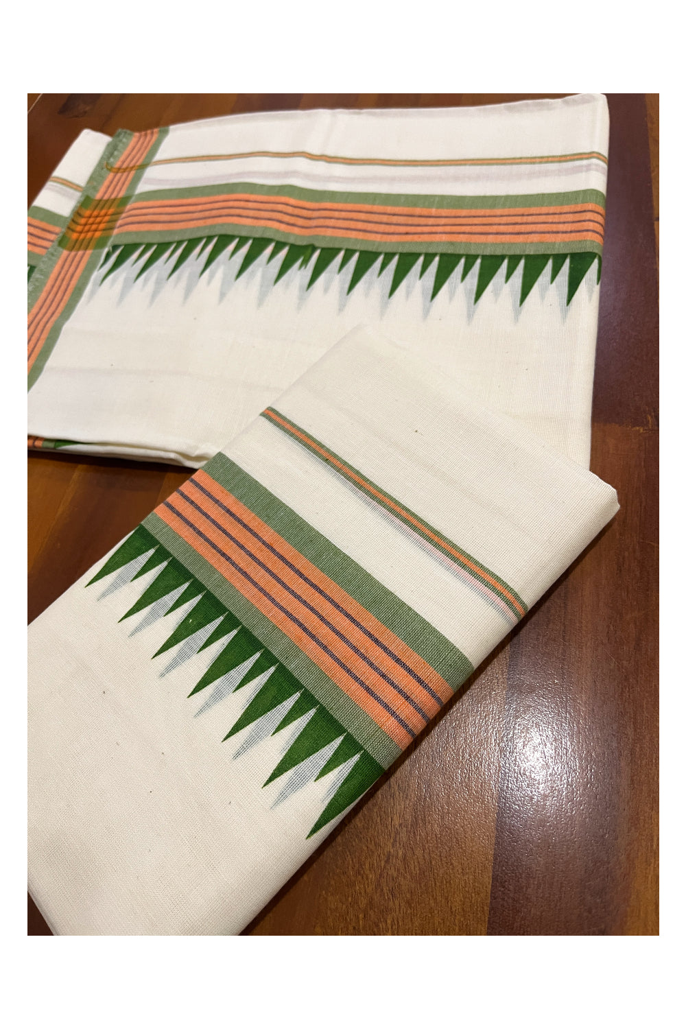 Kerala Cotton Mulloth Mundum Neriyathum Single (Set Mundu) with Green Temple Block Prints Orange Border (Extra Soft Cotton)