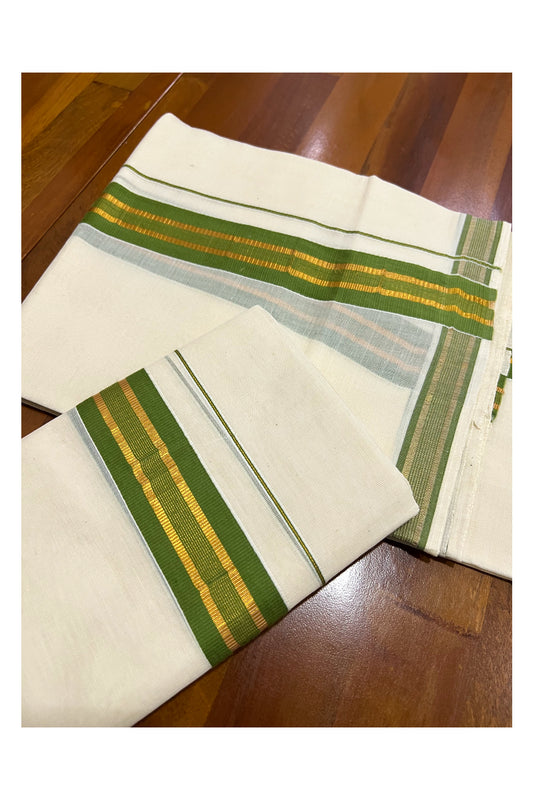 Pure Cotton Kerala Single Set Mundu (Mundum Neriyathum) with Light Green and Kasavu Border