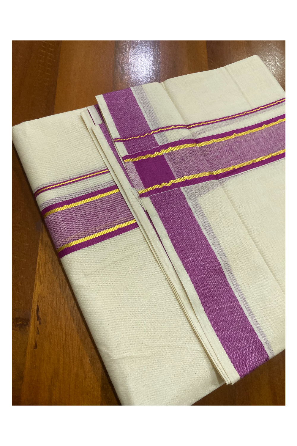 Off White Pure Cotton Double Mundu with Kasavu and Magenta Border (South Indian Dhoti)