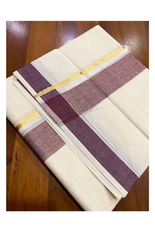 Pure Cotton Double Mundu with Kasavu Purple Kara (South Indian Kerala Dhoti)