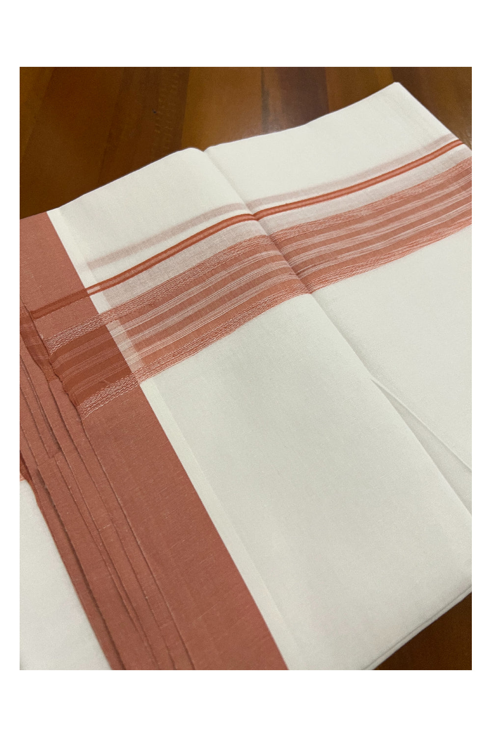 Pure White Kerala Cotton Double Mundu with Brick Red Border (South Indian Dhoti)