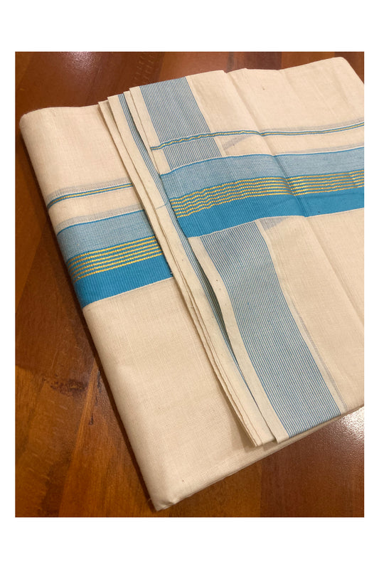 Off White Pure Cotton Double Mundu with Kasavu Line and Blue Border (South Indian Dhoti)