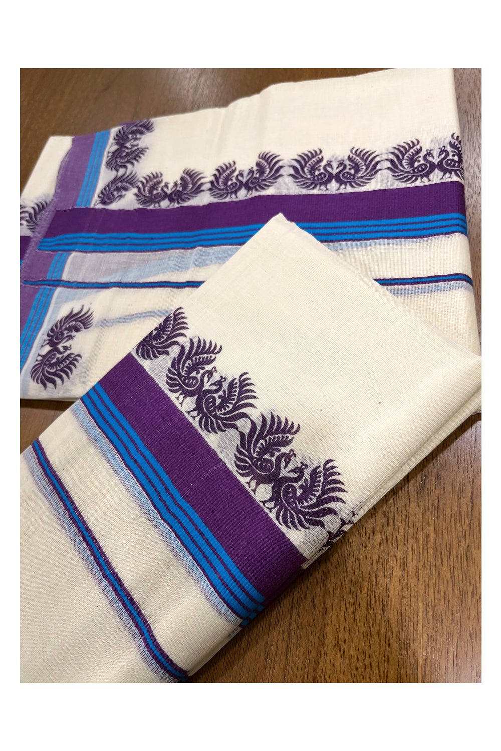 Kerala Cotton Single Set Mundu (Mundum Neriyathum) with Violet Peacock Block Prints on Border