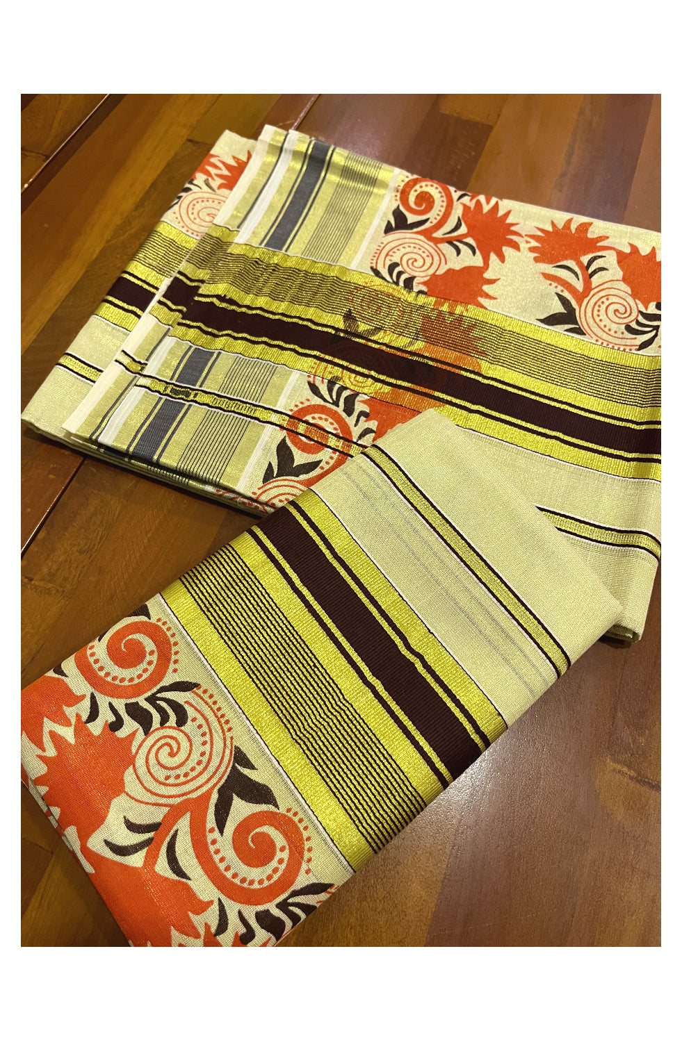 Kerala Tissue Set Mundu (Mundum Neriyathum) with Orange Floral Block Prints on Brown and Kasavu Border 2.80 Mtrs