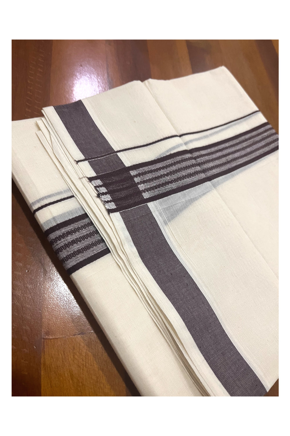 Pure Cotton Off White Double Mundu with Brown Border (South Indian Dhoti)