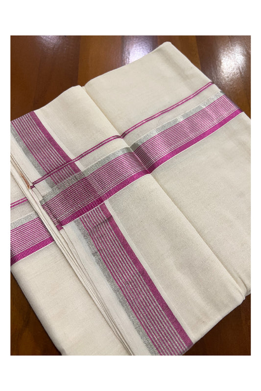 Southloom Balaramapuram Handloom Pure Cotton Mundu with Silver and Magenta Kasavu Border (South Indian Dhoti)