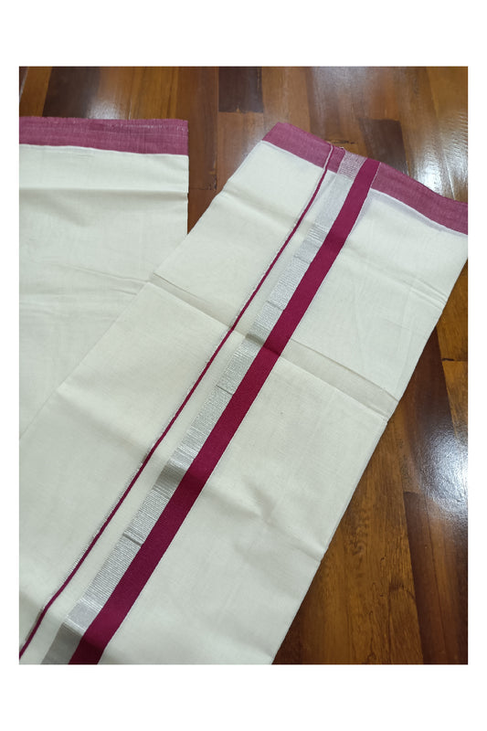 Off White Kerala Double Mundu with Silver Kasavu and Maroon Kara (South Indian Dhoti)