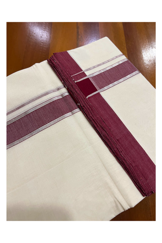 Southloom Super Premium Unakkupaavu Handloom Double Mundu with Maroon and Silver Kasavu Border