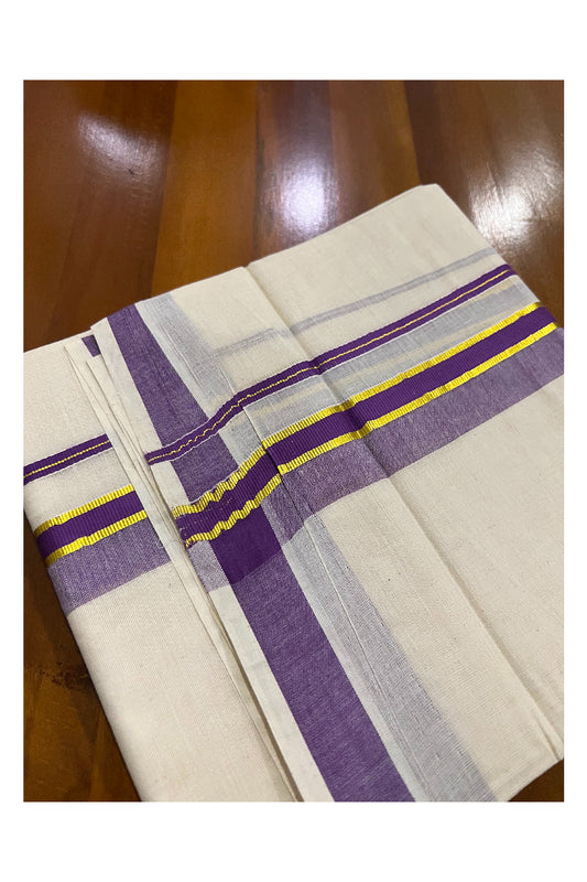 Off White Pure Cotton Double Mundu with Kasavu and Dark Violet Kara (South Indian Dhoti)