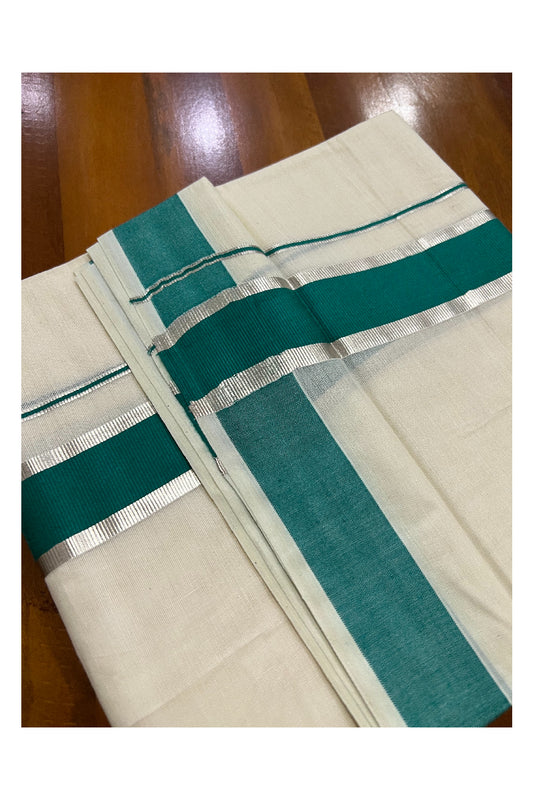 Off White Kerala Double Mundu with Silver Kasavu and Green Border (South Indian Dhoti)