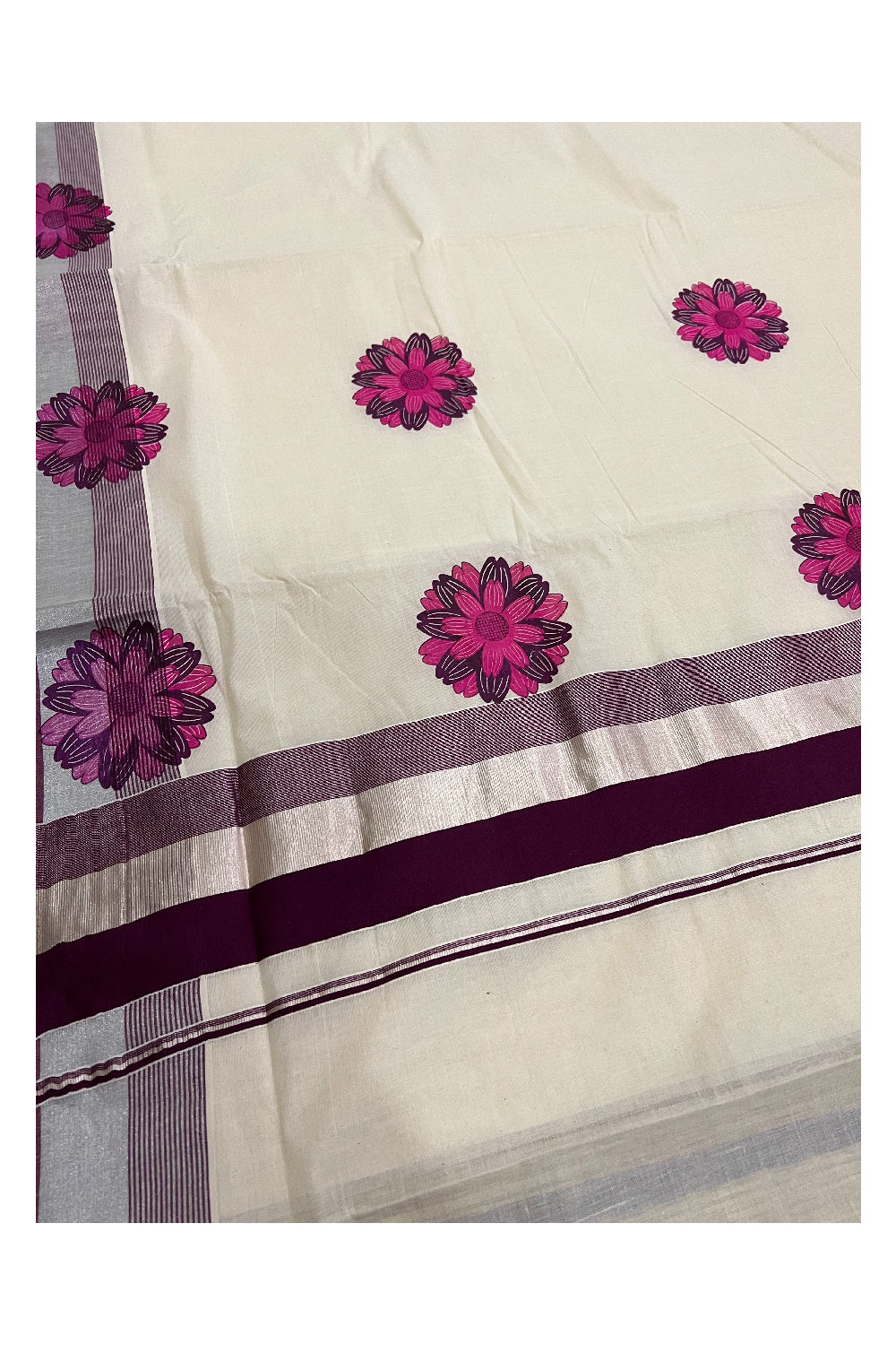 Kerala Cotton Silver Kasavu Saree with Purple Floral Mural Printed Border