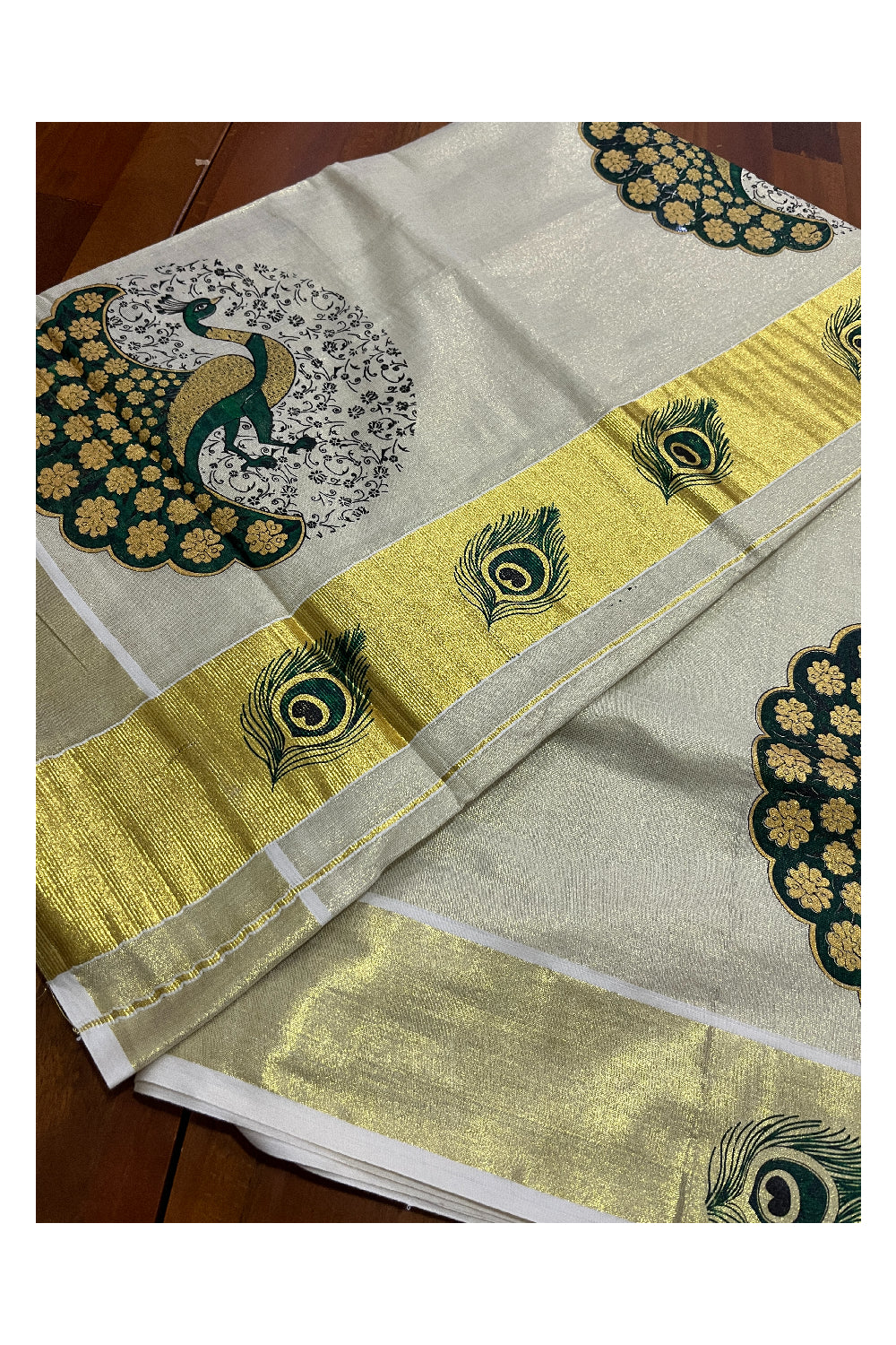 Kerala Tissue Kasavu Saree with Green Peacock Mural Printed Design