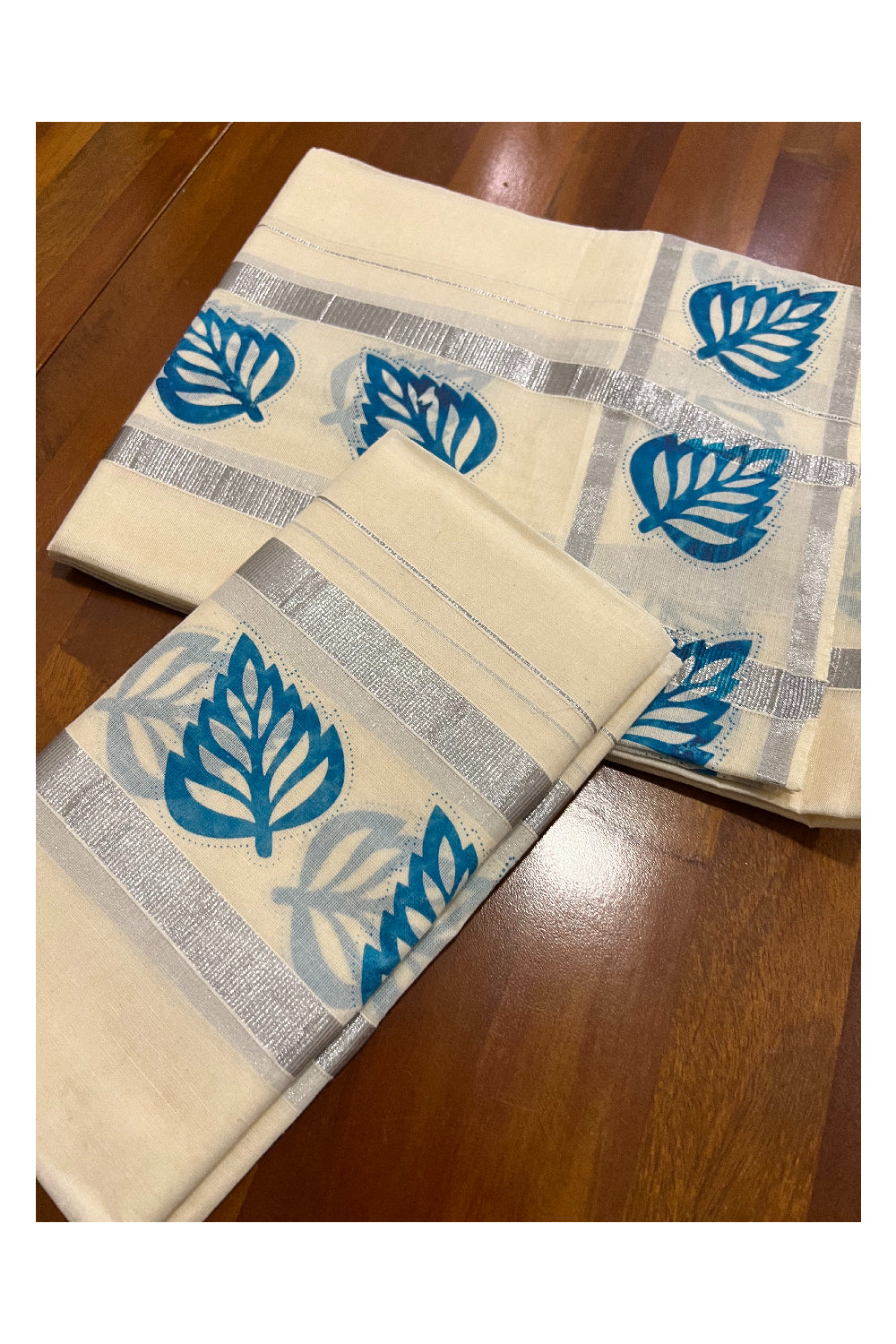 Kerala Cotton Silver Kasavu Set Mundu (Mundum Neriyathum) with Light Blue Leaf Block Print Border