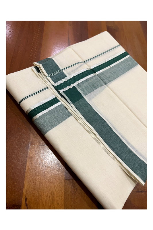 Pure Cotton Double Mundu with Green and Silver Kasavu Kara (South Indian Kerala Dhoti)