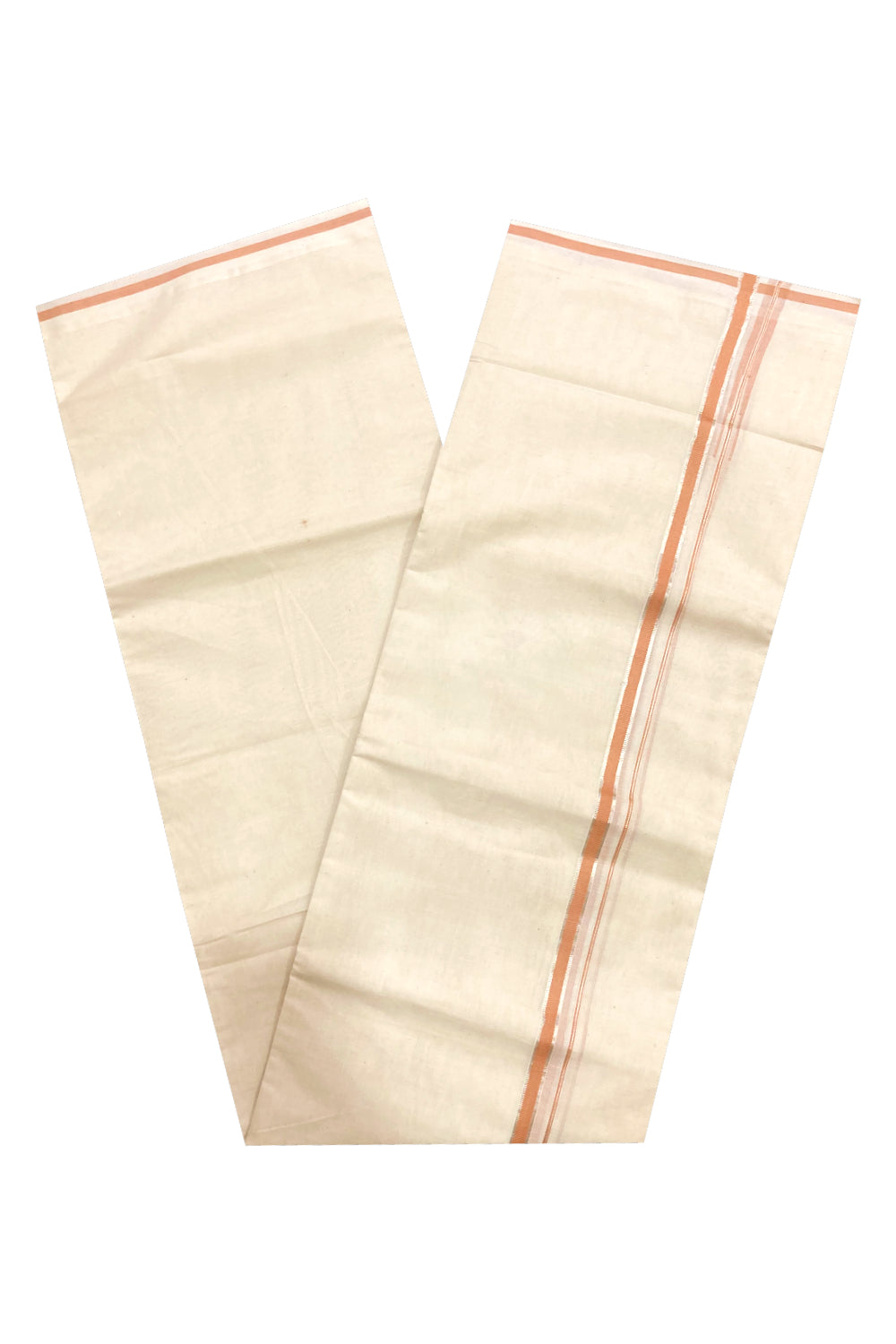 Pure Cotton Off White Double Mundu with Orange and Puliyilakkara Silver Kasavu Border (South Indian Dhoti)