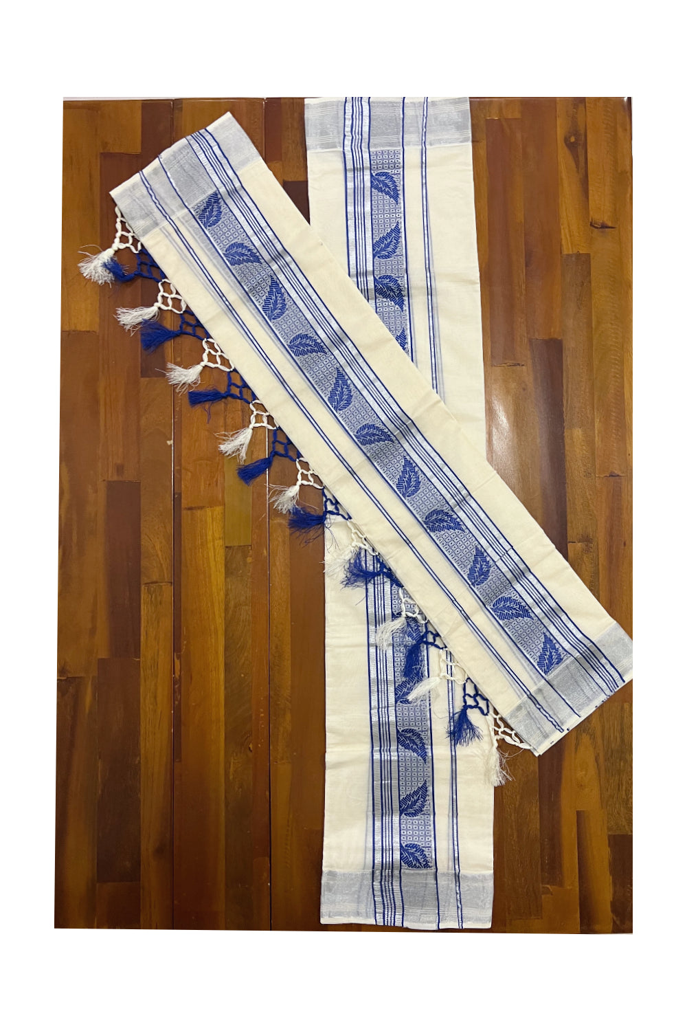Kerala Cotton Set Mundu Single (Mundum Neriyathum) with Silver Kasavu and Blue Woven Border and Tassels Work
