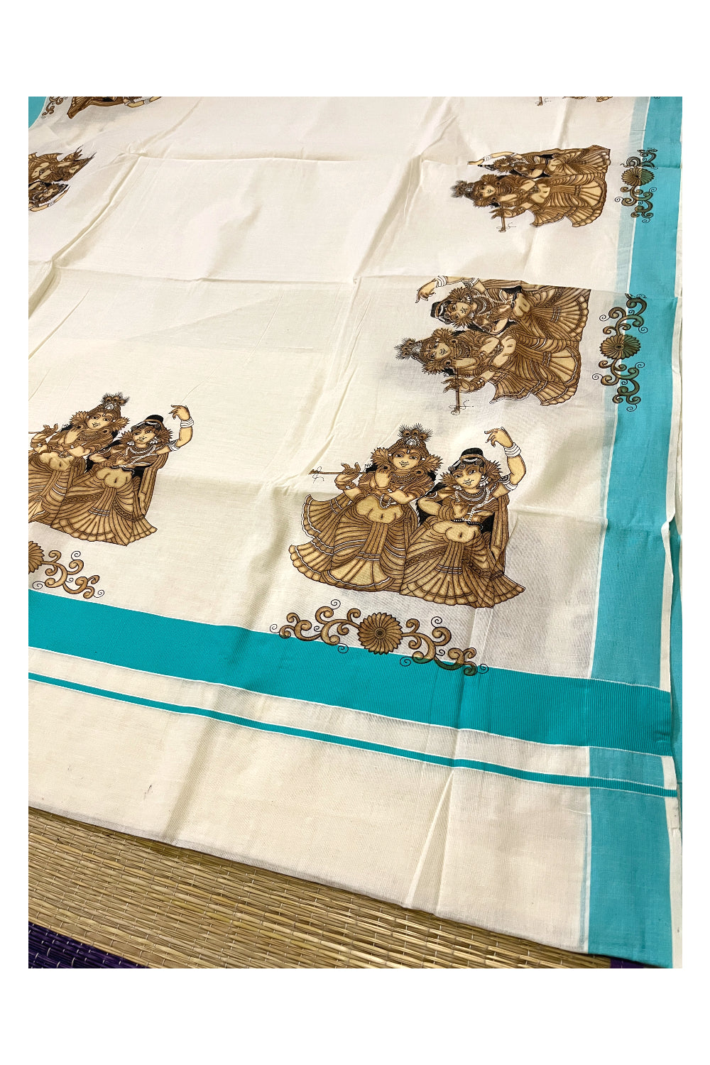 Kerala Pure Cotton Saree with Brown Krishna Radha Prints and Turquoise Border