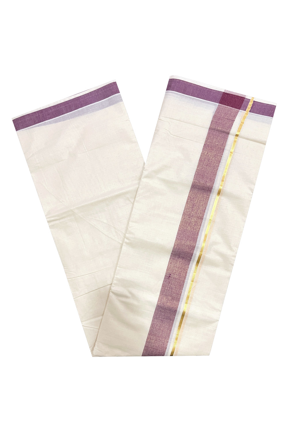 Pure Cotton Double Mundu with Kasavu Purple Kara (South Indian Kerala Dhoti)