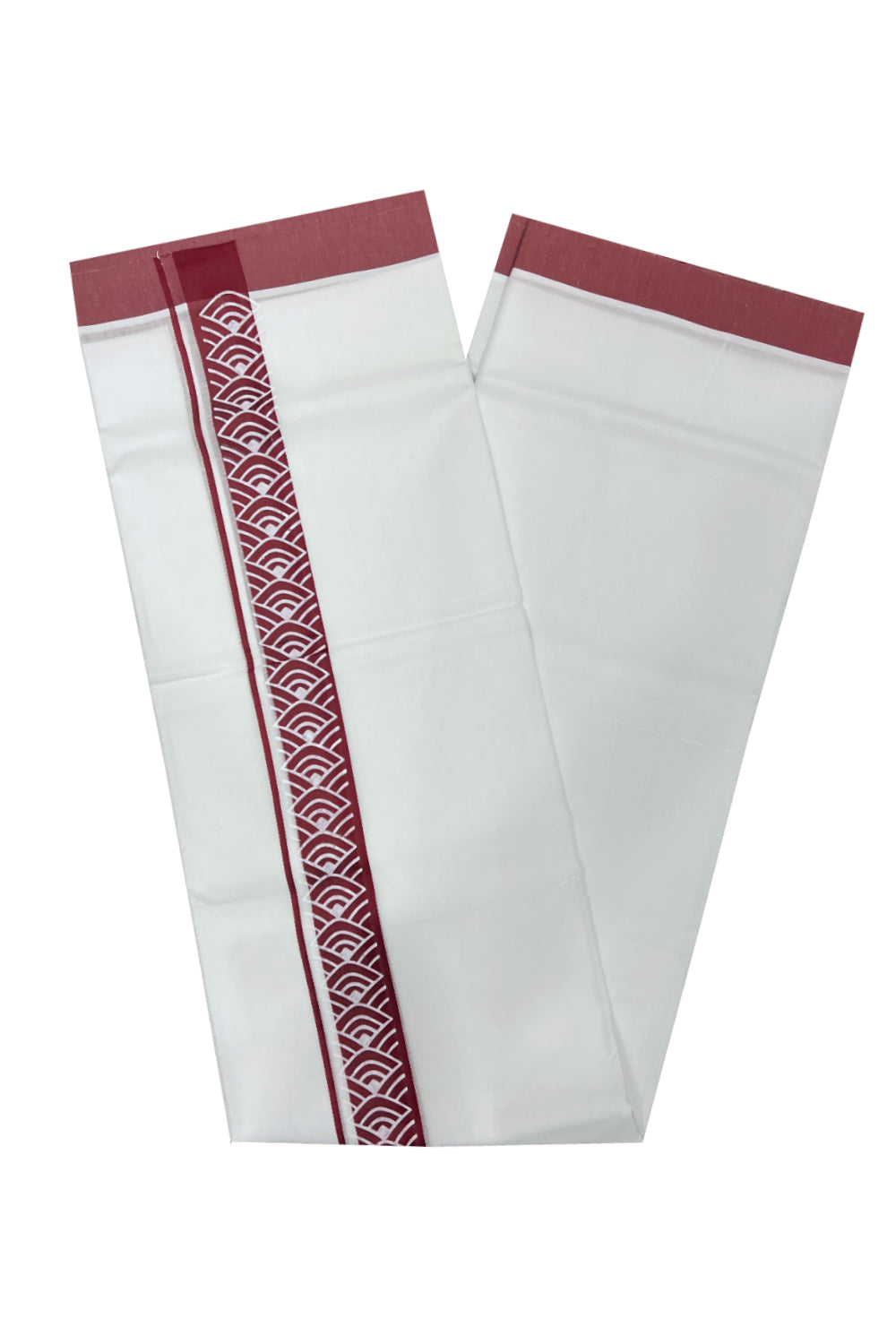 Pure White Cotton Double Mundu with Maroon Block Printed Border (South Indian Kerala Dhoti)