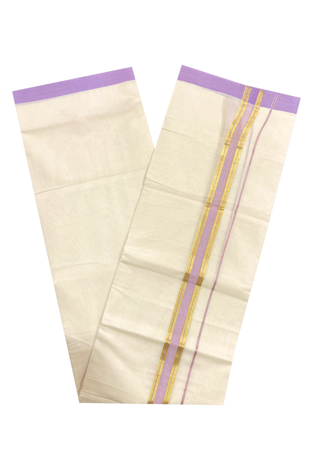 Pure Cotton Off White Double Mundu with Violet and Kasavu Border (South Indian Dhoti)