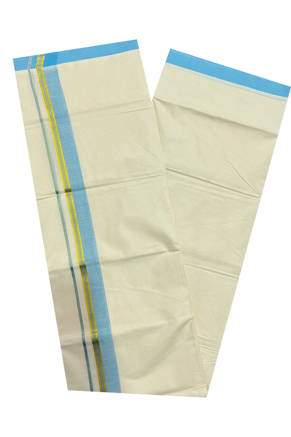 Pure Cotton Off White Double Mundu with Light Blue and Kasavu Border (South Indian Dhoti)