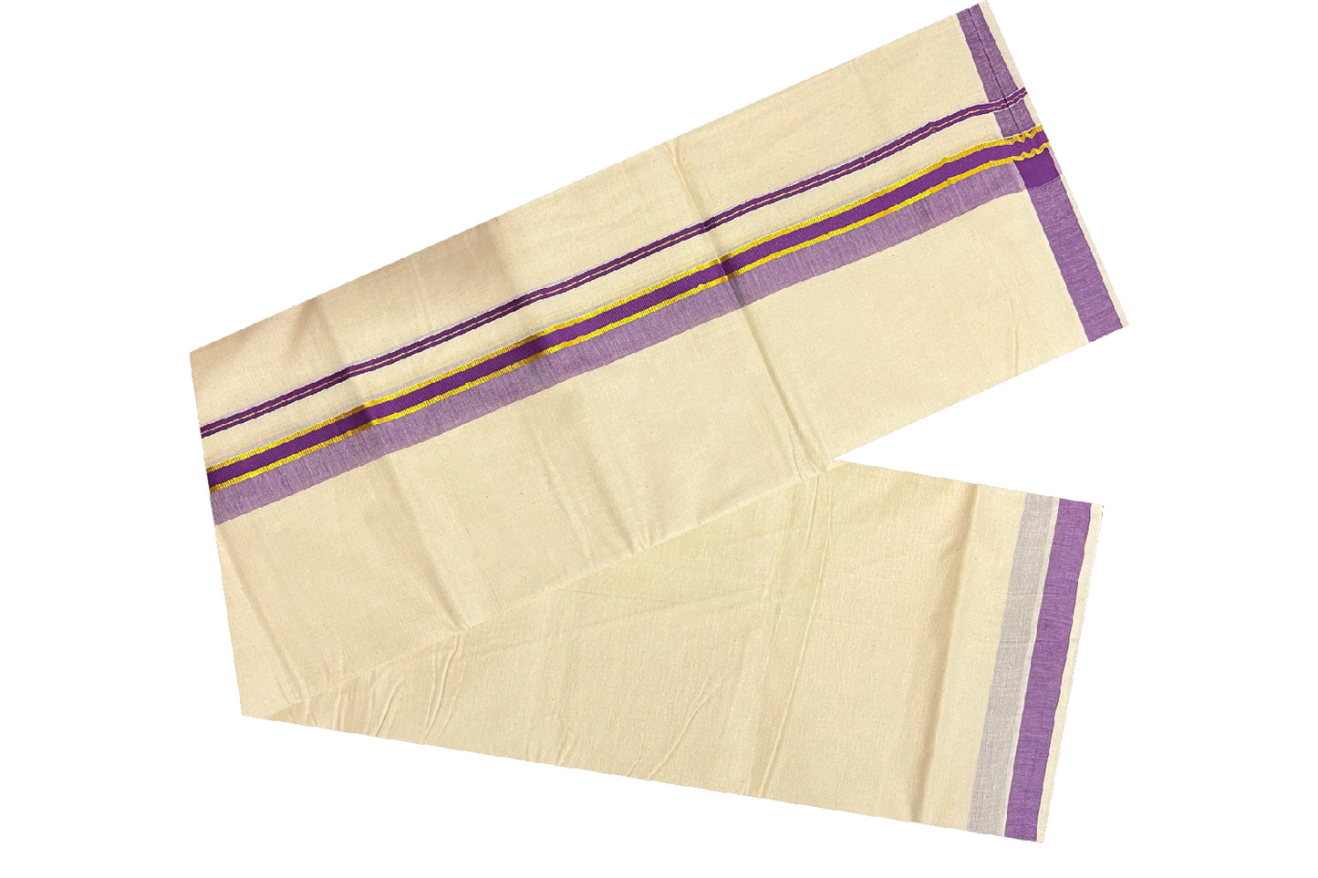 Off White Pure Cotton Double Mundu with Kasavu and Dark Violet Kara (South Indian Dhoti)