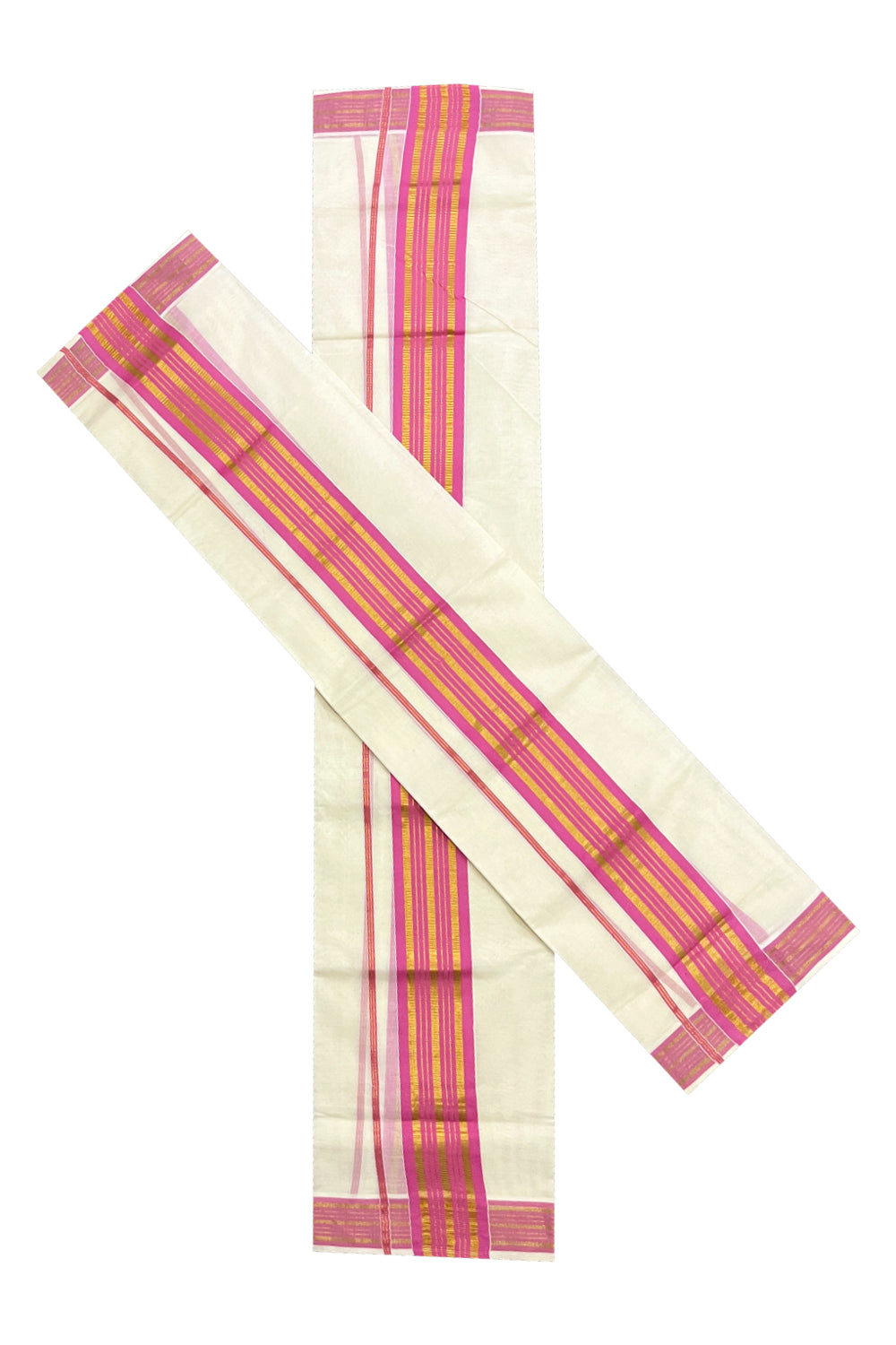 Pure Cotton Kerala Single Set Mundu (Mundum Neriyathum) with Pink and Kasavu Border