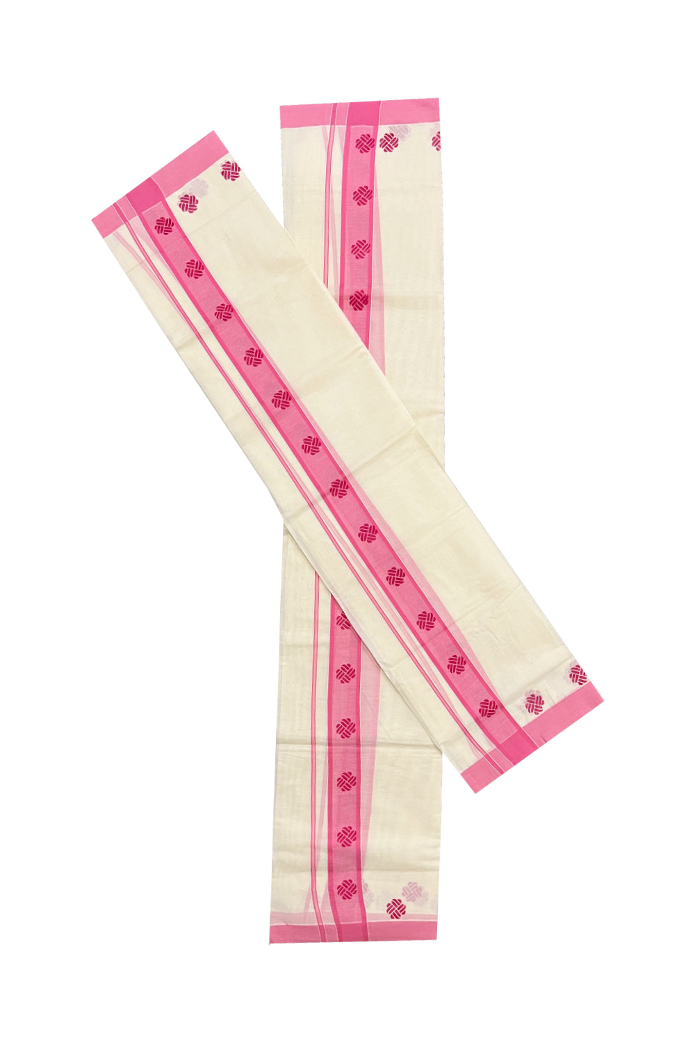 Pure Cotton Set Mundu (Mundum Neriyathum) with Pink Block Prints on Border