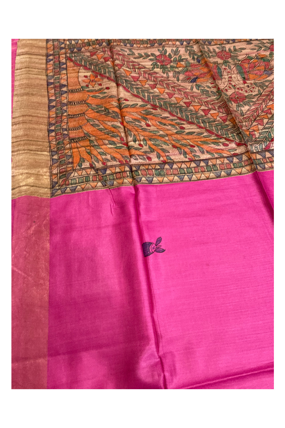 Southloom Soft Silk Magenta Saree with Multi-Coloured Art Works on Pallu