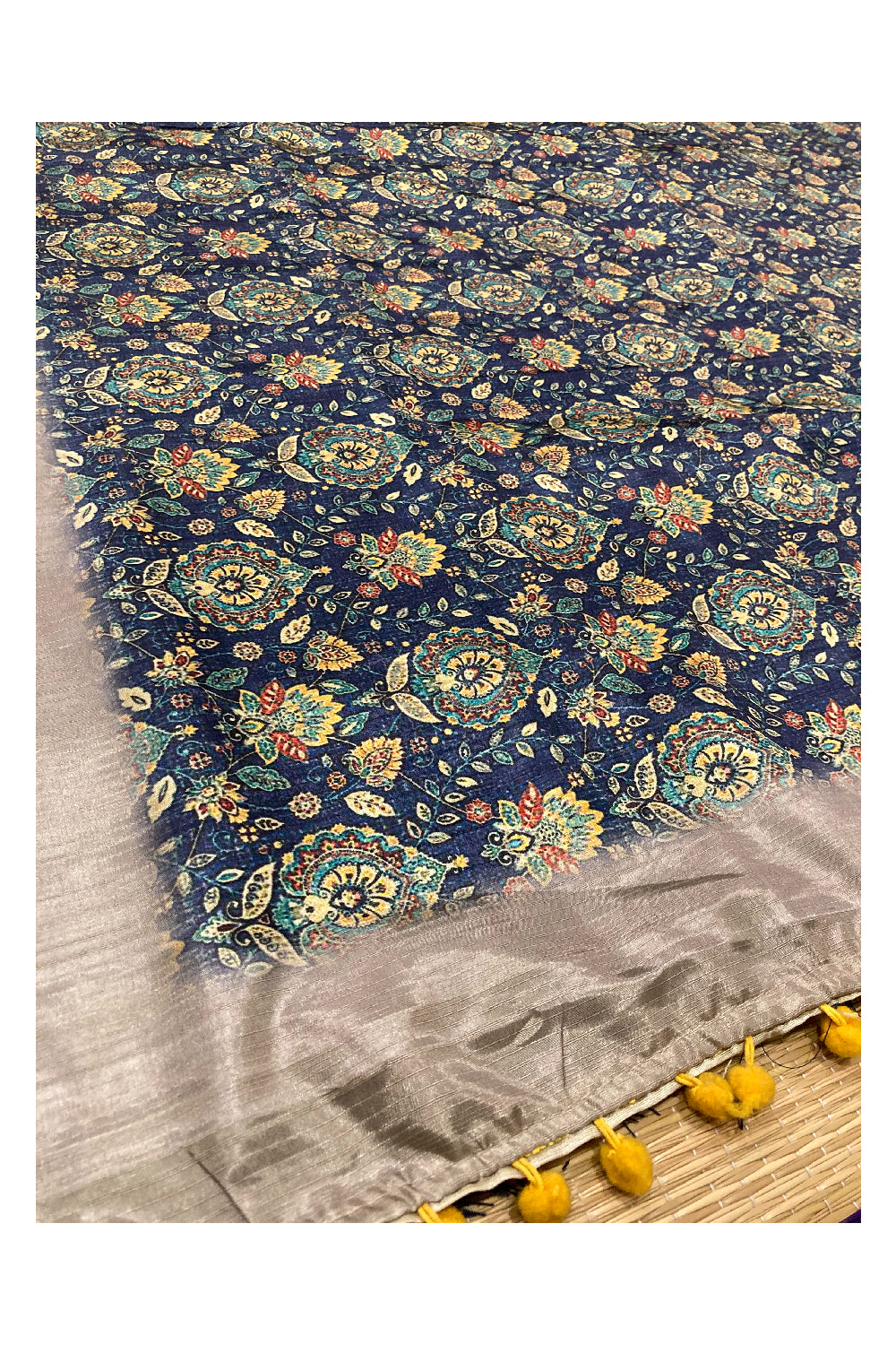 Southloom Art Silk Blue and Yellow Floral Printed Designer Saree