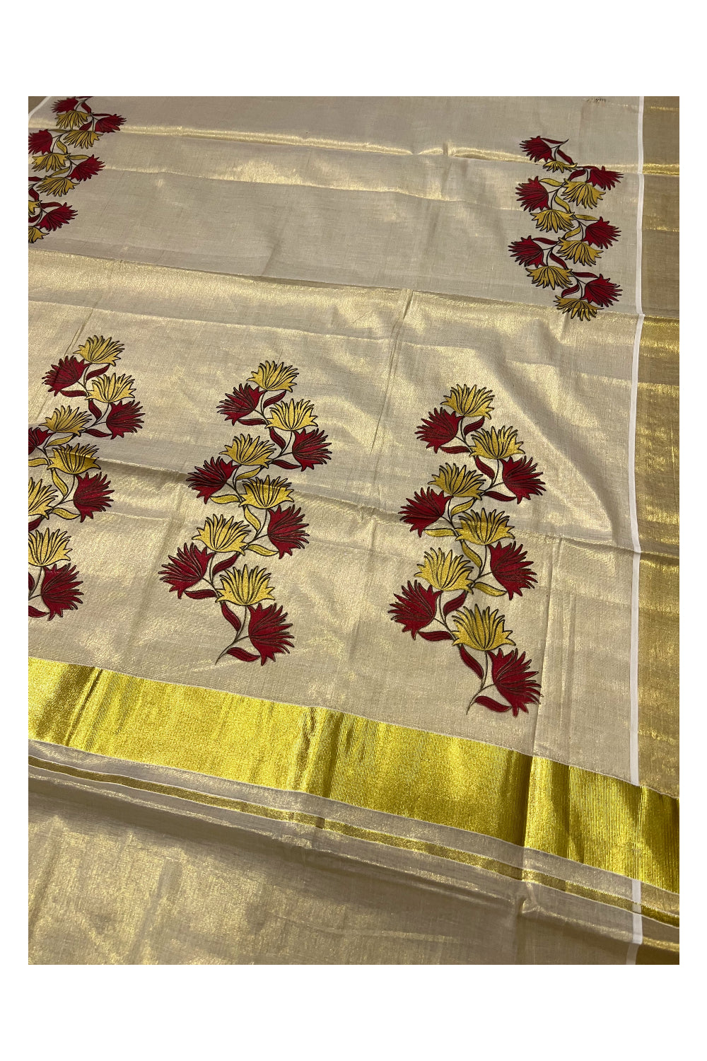 Kerala Tissue Kasavu Saree With Mural Printed Red and Yellow Floral Design