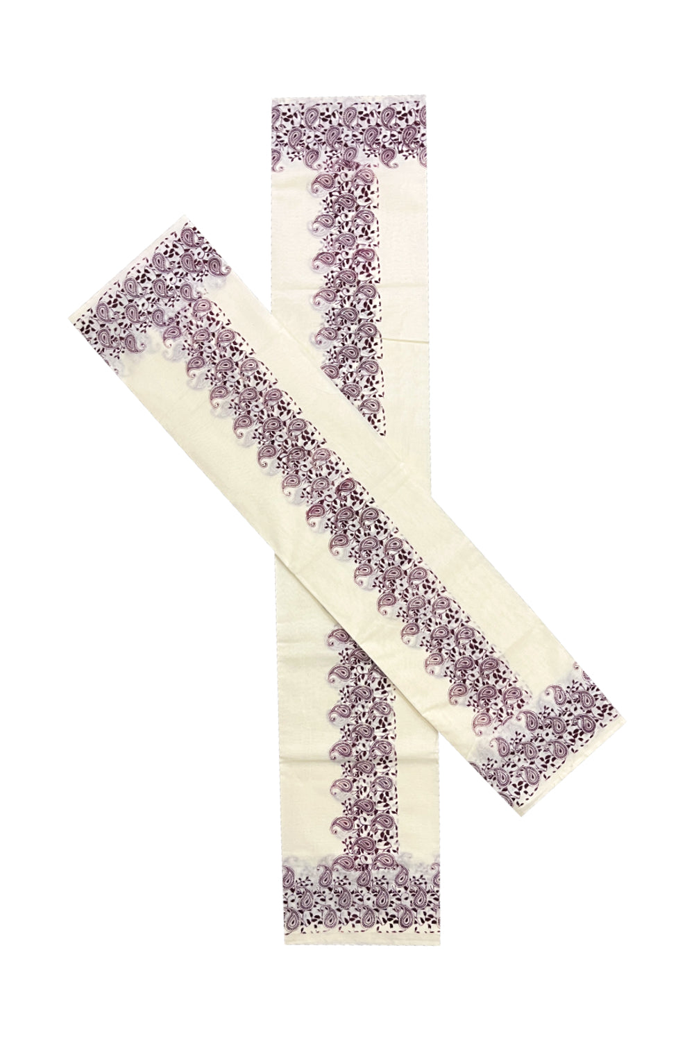 Kerala Cotton Set Mundu (Mundum Neriyathum) with Purple Paisley Block Printed Border