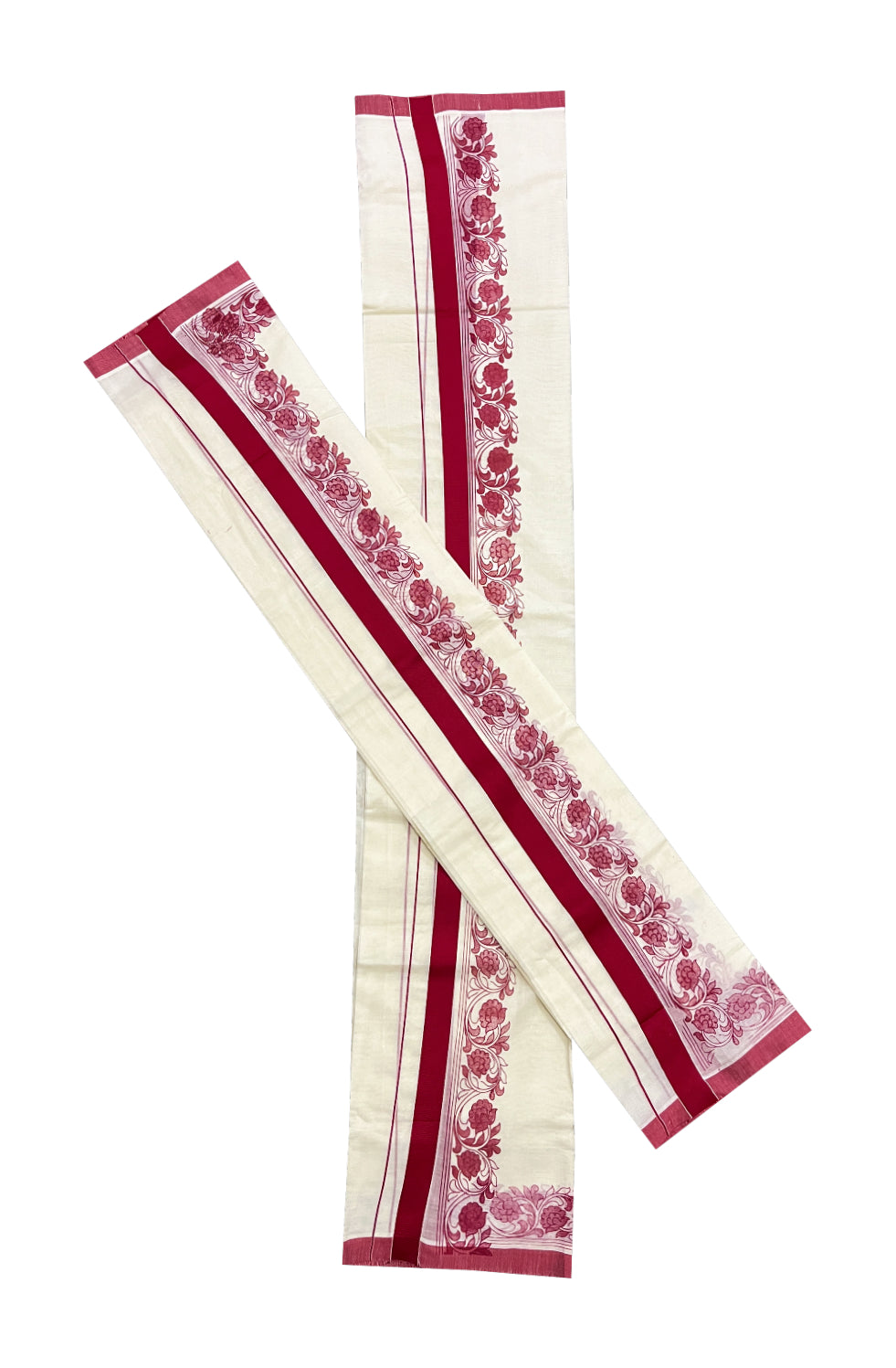 Kerala Cotton Set Mundu (Mundum Neriyathum) with Maroon Block Prints on Border