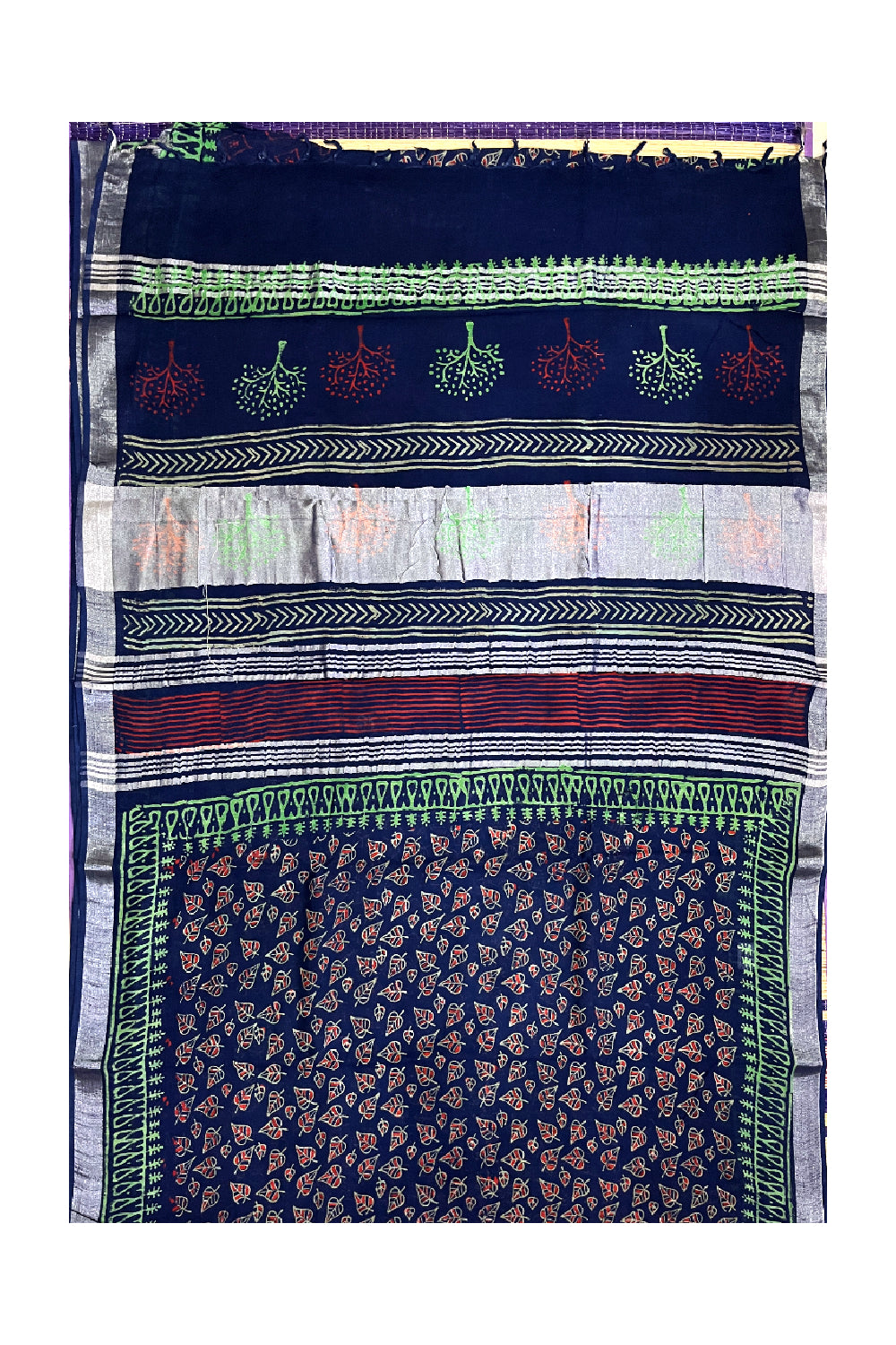 Southloom Linen Designer Blue Saree with Red Green Fabric Prints on Body and Tassels Works