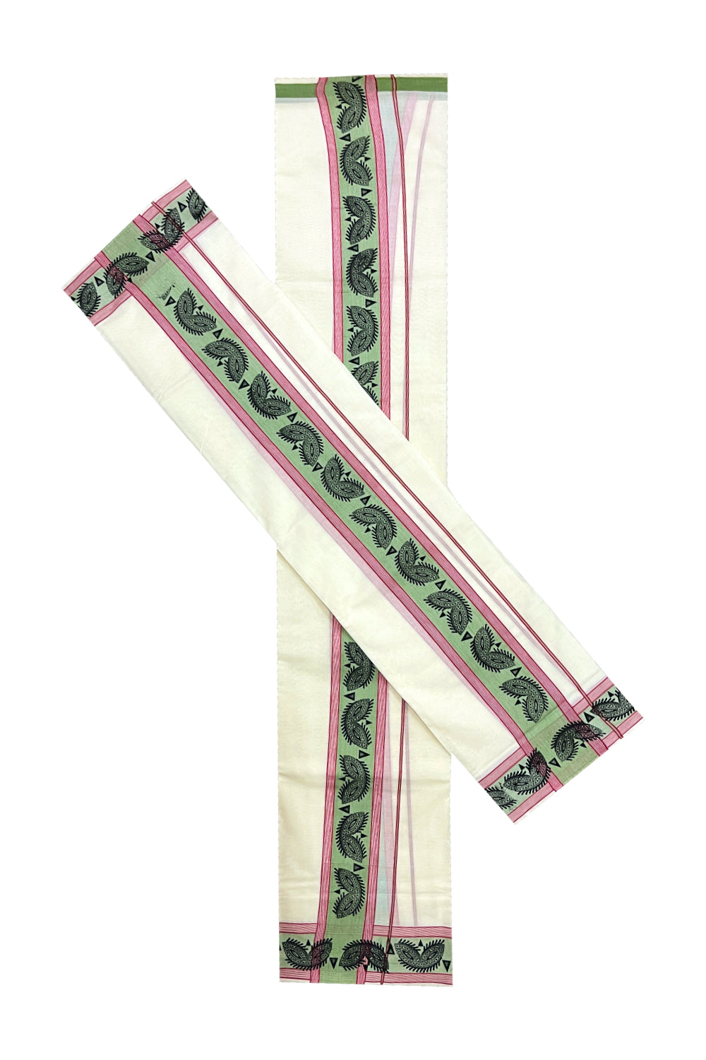 Kerala Cotton Single Set Mundu (Mundum Neriyathum) with Black Block Prints on Green Red Border