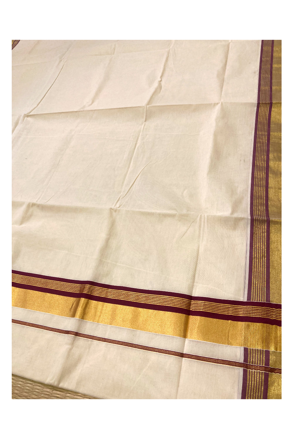 Kerala Pure Cotton Plain Saree with Kasavu and Maroon Border