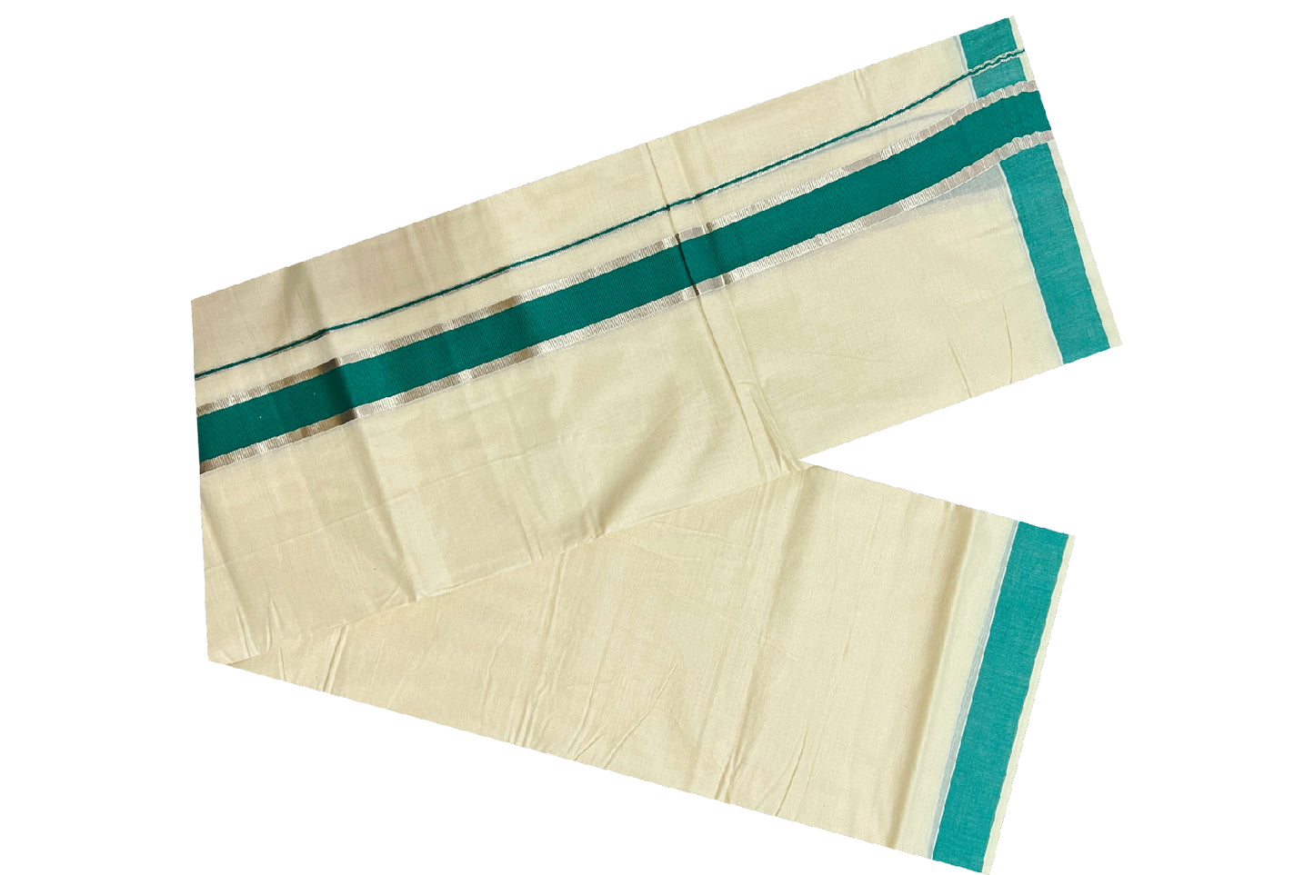 Off White Kerala Double Mundu with Silver Kasavu and Green Border (South Indian Dhoti)