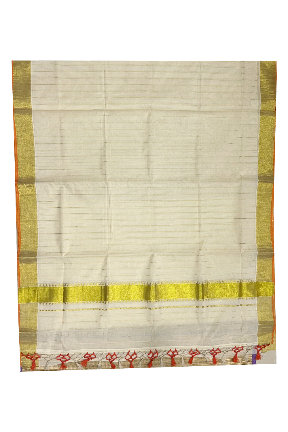 Kerala Cotton Stripes Design Saree with Kasavu Temple Pallu and Orange Tassels work