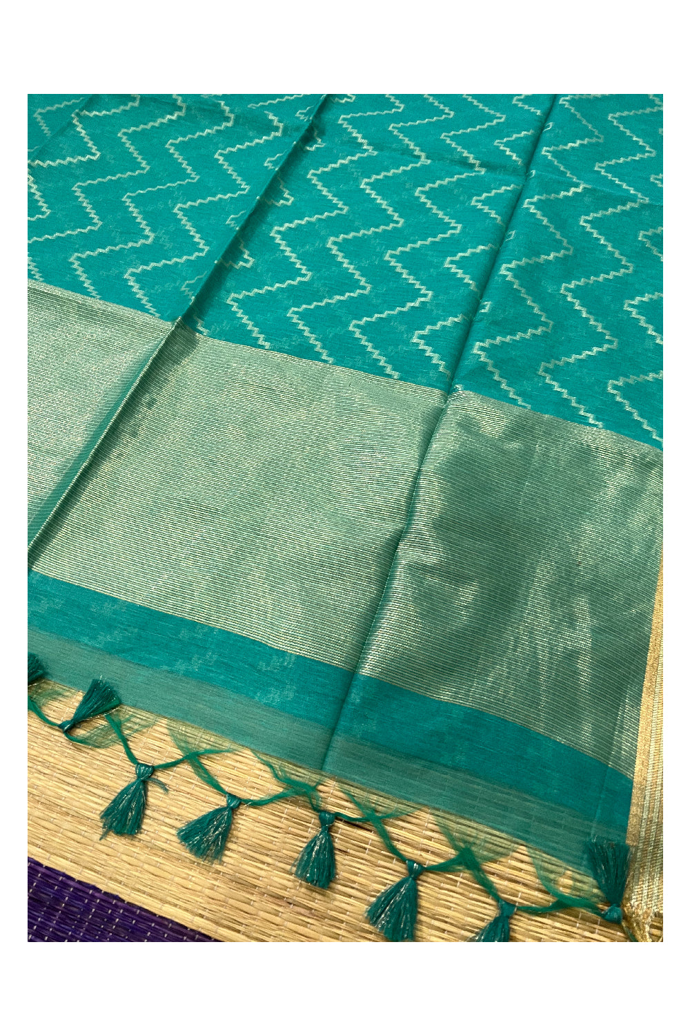 Southloom Green Semi Tussar Designer Saree With Kasavu Zig Zag Works on Body