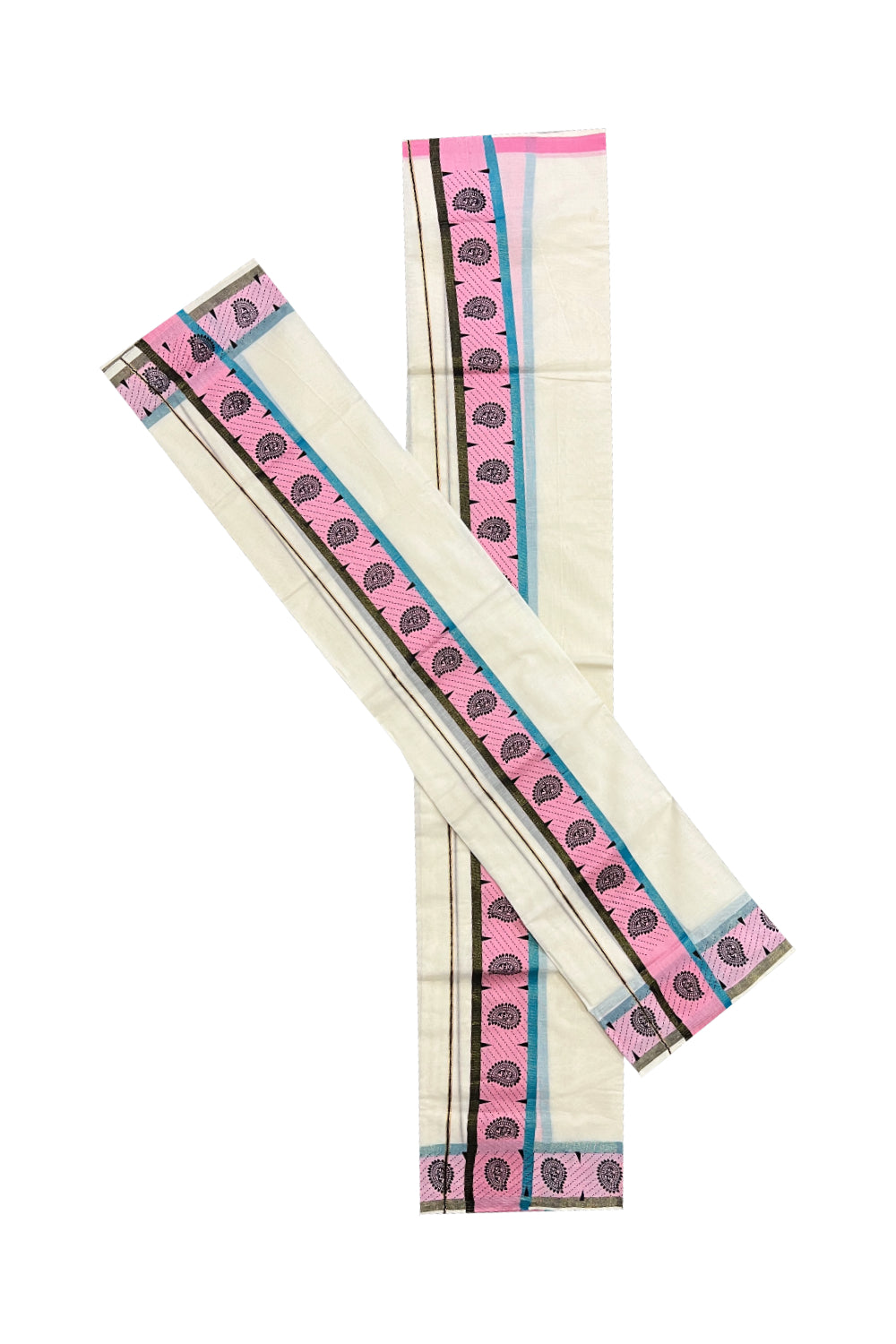 Kerala Cotton Kasavu Set Mundu (Mundum Neriyathum) with Black Paisley Block Prints in Pink Border