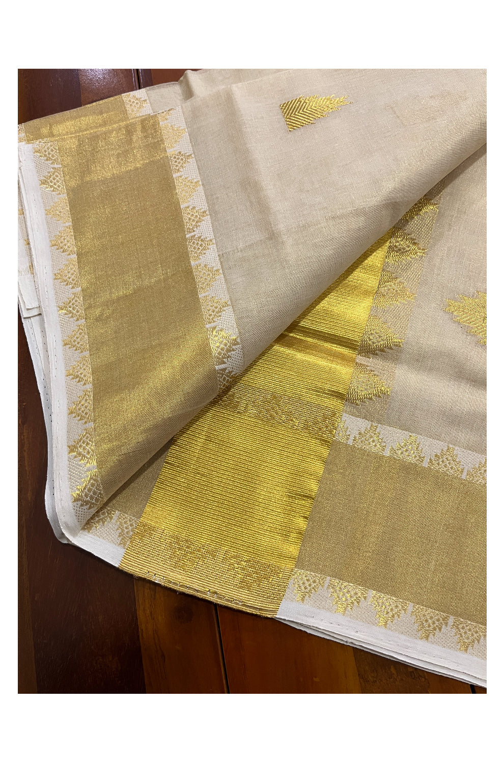 Southloom™ Original Handloom Kasavu Tissue Handwoven Heavy Work Saree with Temple Border