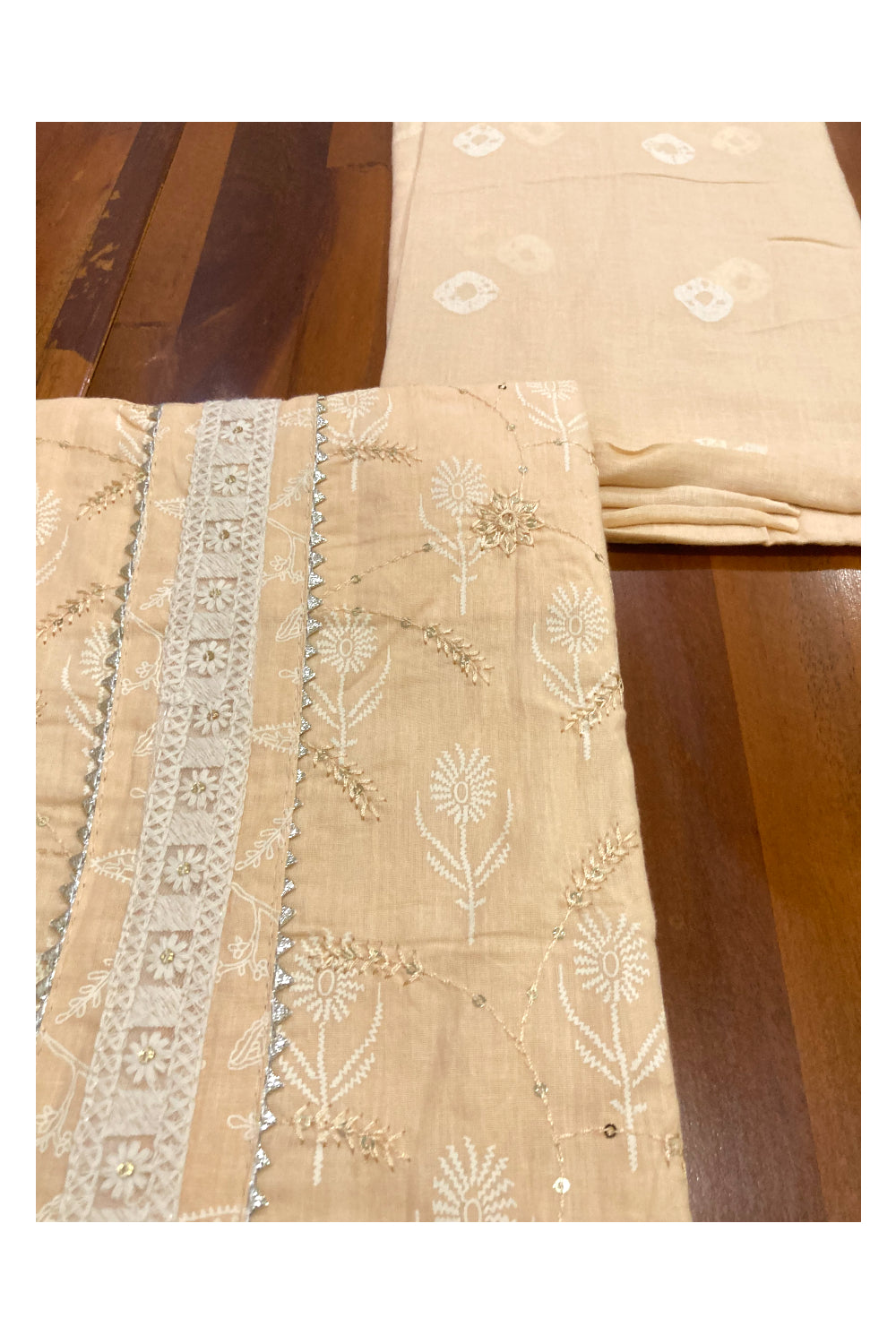 Southloom™ Cotton Churidar Salwar Suit Material in Beige and Thread Works