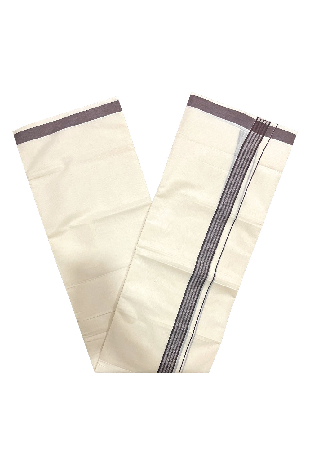 Pure Cotton Off White Double Mundu with Brown Border (South Indian Dhoti)